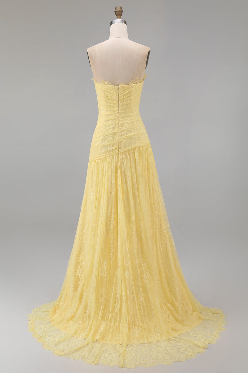 Load image into Gallery viewer, Floral Sweetheart Butter Yellow Lace Long Sheath Ruched Prom Dress