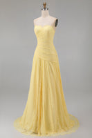 Load image into Gallery viewer, Floral Sweetheart Butter Yellow Lace Long Sheath Ruched Prom Dress