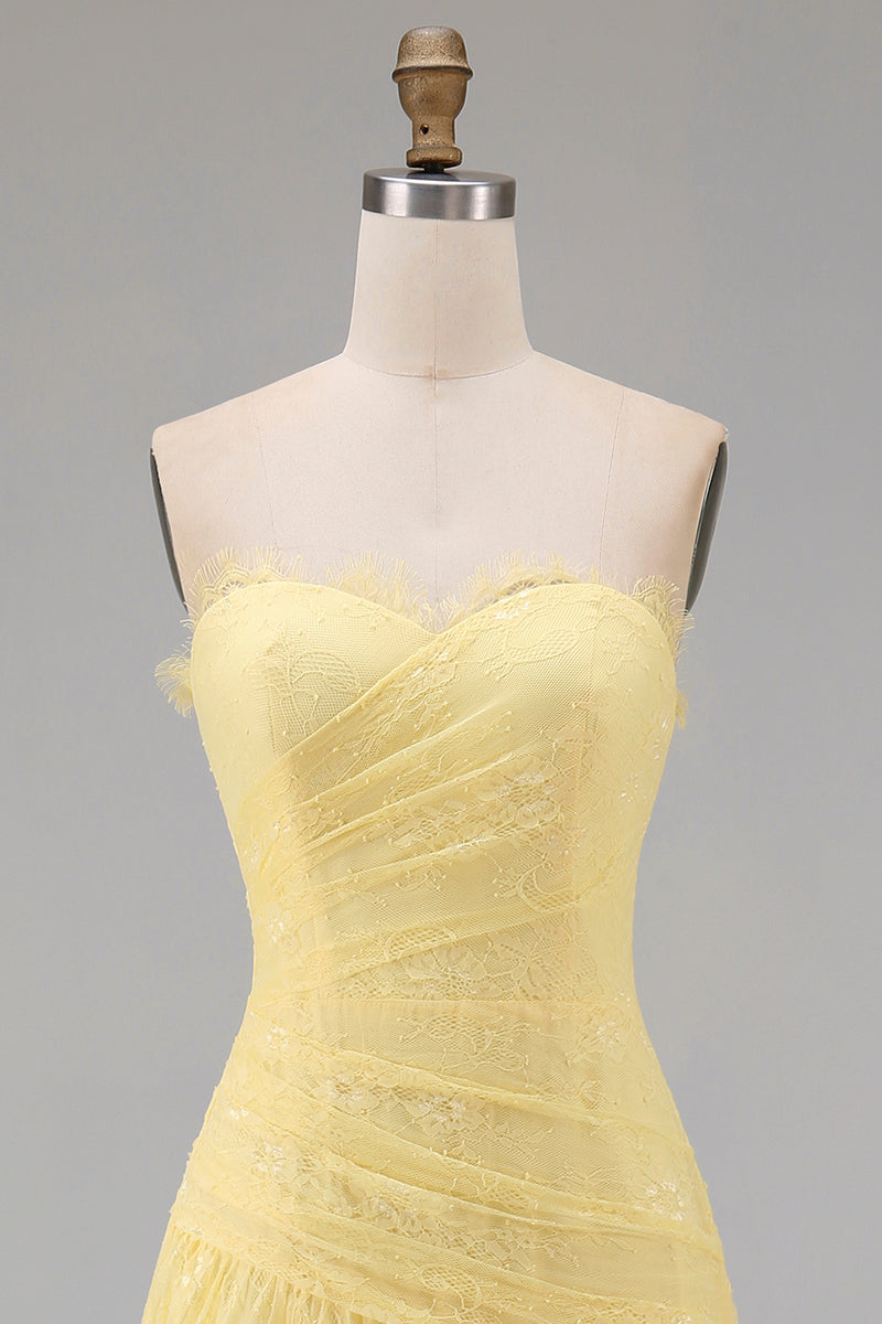 Load image into Gallery viewer, Floral Sweetheart Butter Yellow Lace Long Sheath Ruched Prom Dress