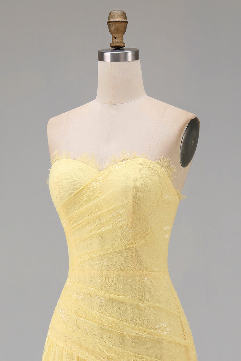 Load image into Gallery viewer, Floral Sweetheart Butter Yellow Lace Long Sheath Ruched Prom Dress