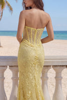 Load image into Gallery viewer, Strapless Mermaid Butter Yellow Floral Lace Corset Long Prom Dress with Slit