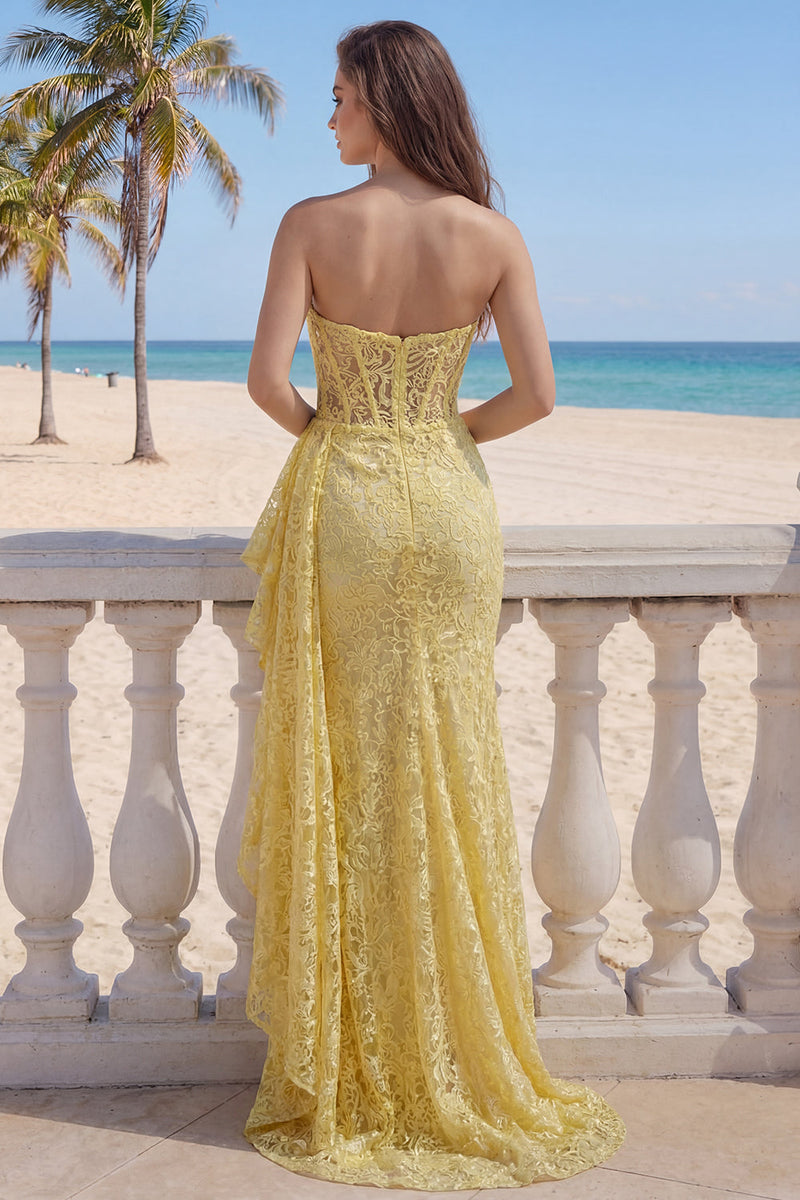 Load image into Gallery viewer, Ruffled Floral Mermaid Butter Yellow Lace Long Corset Prom Dress with Side Cape