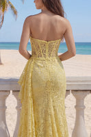 Load image into Gallery viewer, Ruffled Floral Mermaid Butter Yellow Lace Long Corset Prom Dress with Side Cape