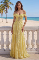 Load image into Gallery viewer, Off the Shoulder Lace Butter Yellow Floral Long A Line Corset Prom Dress