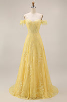 Load image into Gallery viewer, Off the Shoulder Lace Butter Yellow Floral Long A Line Corset Prom Dress