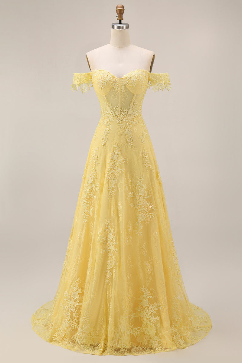 Load image into Gallery viewer, Off the Shoulder Lace Butter Yellow Floral Long A Line Corset Prom Dress