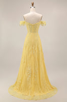 Load image into Gallery viewer, Off the Shoulder Lace Butter Yellow Floral Long A Line Corset Prom Dress