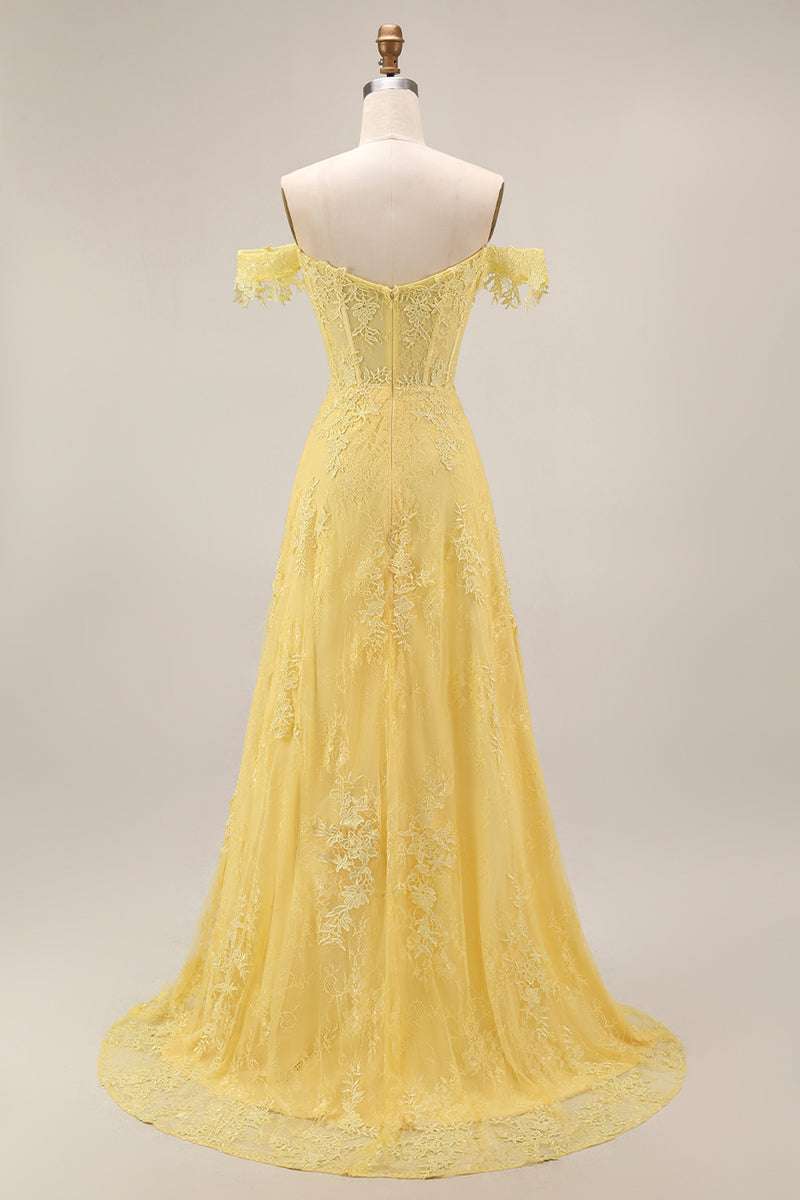 Load image into Gallery viewer, Off the Shoulder Lace Butter Yellow Floral Long A Line Corset Prom Dress