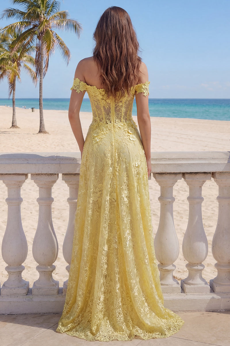 Load image into Gallery viewer, Off the Shoulder Lace Butter Yellow Floral Long A Line Corset Prom Dress
