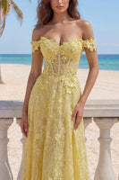 Load image into Gallery viewer, Off the Shoulder Lace Butter Yellow Floral Long A Line Corset Prom Dress