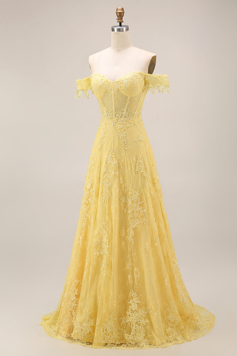 Load image into Gallery viewer, Off the Shoulder Lace Butter Yellow Floral Long A Line Corset Prom Dress