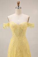 Load image into Gallery viewer, Off the Shoulder Lace Butter Yellow Floral Long A Line Corset Prom Dress