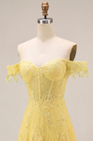 Load image into Gallery viewer, Off the Shoulder Lace Butter Yellow Floral Long A Line Corset Prom Dress