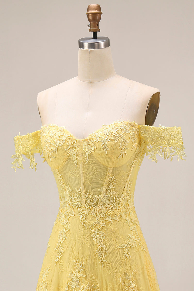 Load image into Gallery viewer, Off the Shoulder Lace Butter Yellow Floral Long A Line Corset Prom Dress