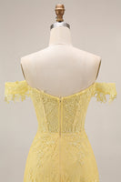 Load image into Gallery viewer, Off the Shoulder Lace Butter Yellow Floral Long A Line Corset Prom Dress