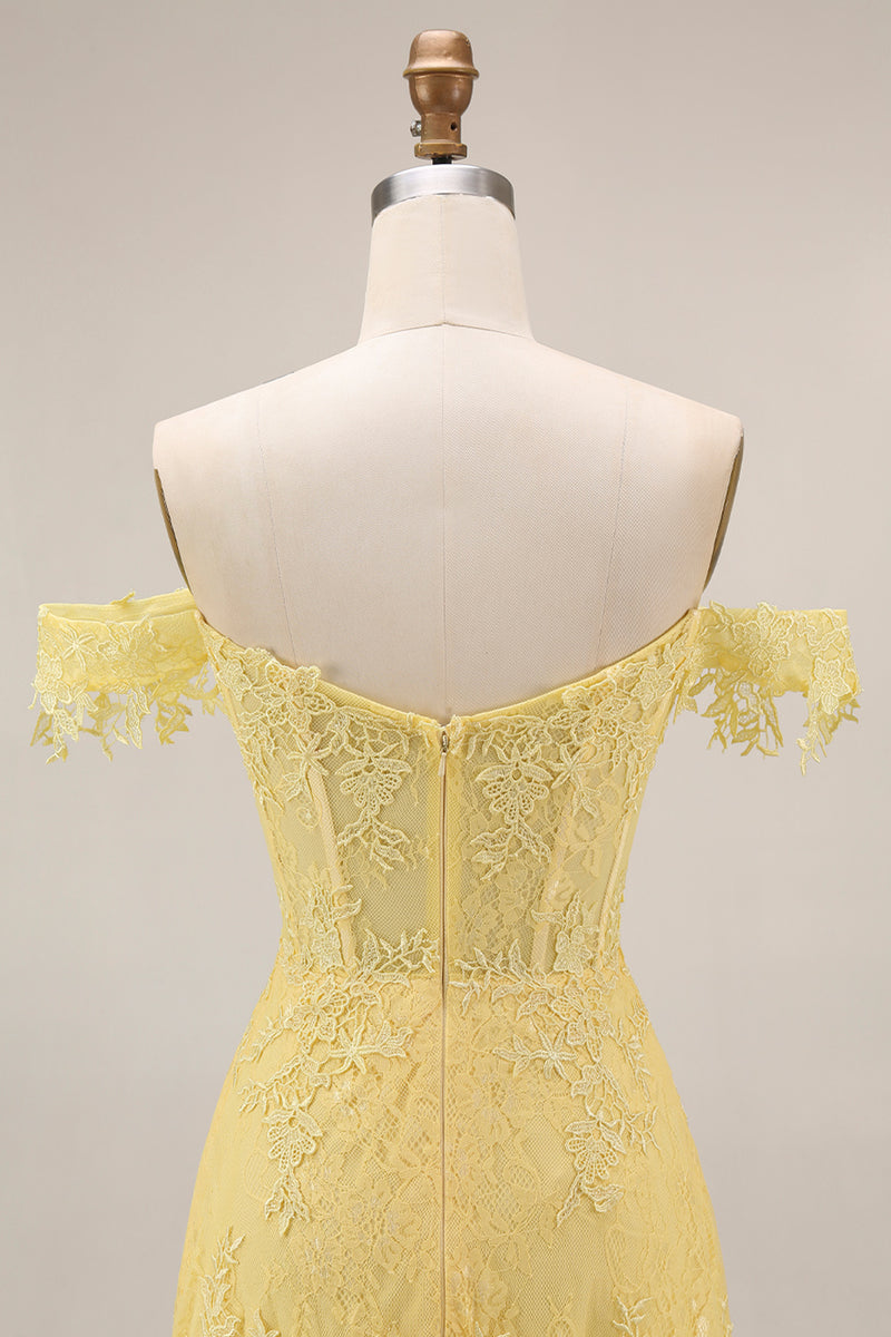 Load image into Gallery viewer, Off the Shoulder Lace Butter Yellow Floral Long A Line Corset Prom Dress