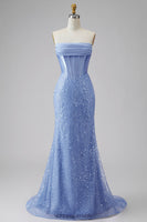 Load image into Gallery viewer, Corset Mermaid Blue Basque Waist Strapless Long Prom Dress with Pearls