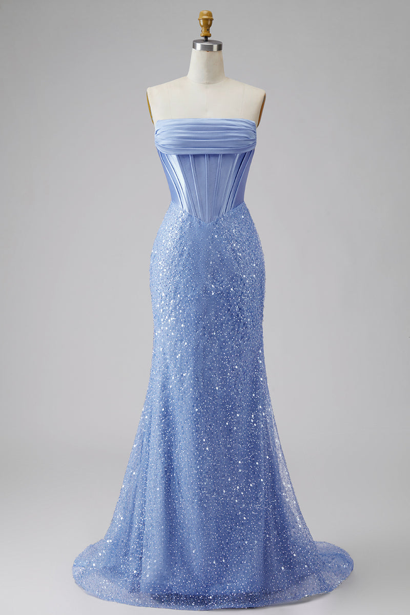 Load image into Gallery viewer, Corset Mermaid Blue Basque Waist Strapless Long Prom Dress with Pearls