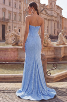Load image into Gallery viewer, Corset Mermaid Blue Basque Waist Strapless Long Prom Dress with Pearls