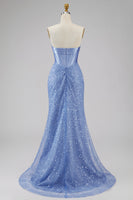 Load image into Gallery viewer, Corset Mermaid Blue Basque Waist Strapless Long Prom Dress with Pearls