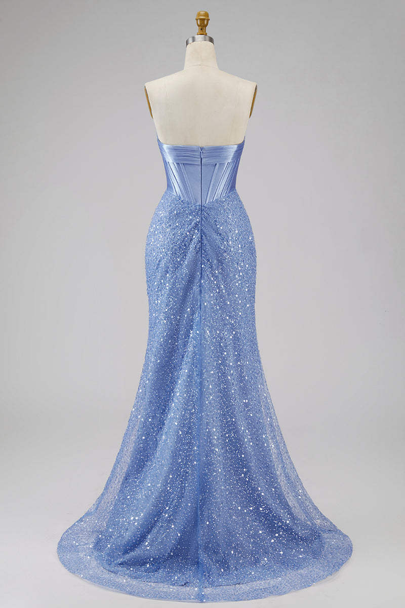 Load image into Gallery viewer, Corset Mermaid Blue Basque Waist Strapless Long Prom Dress with Pearls
