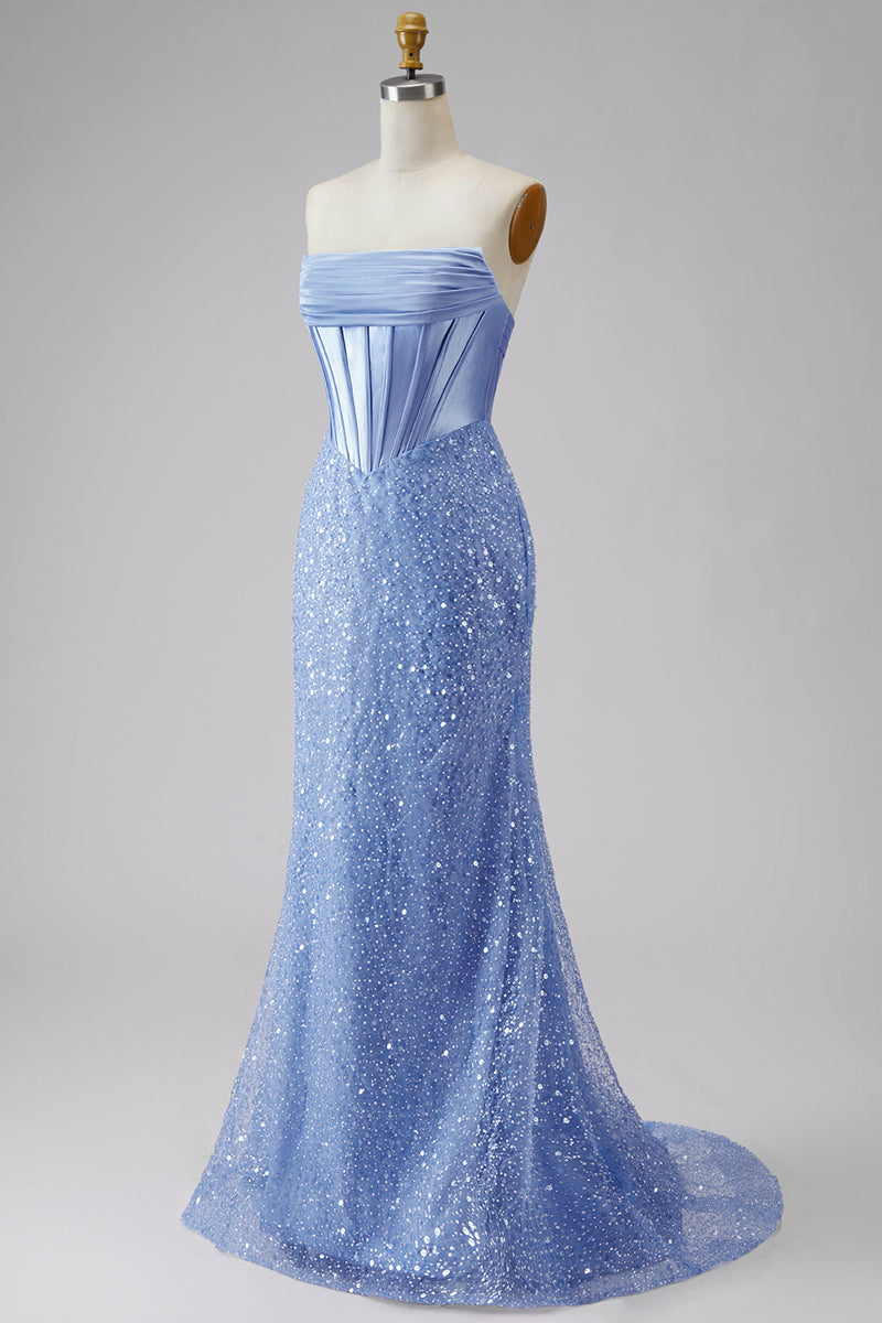Load image into Gallery viewer, Corset Mermaid Blue Basque Waist Strapless Long Prom Dress with Pearls