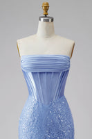 Load image into Gallery viewer, Corset Mermaid Blue Basque Waist Strapless Long Prom Dress with Pearls