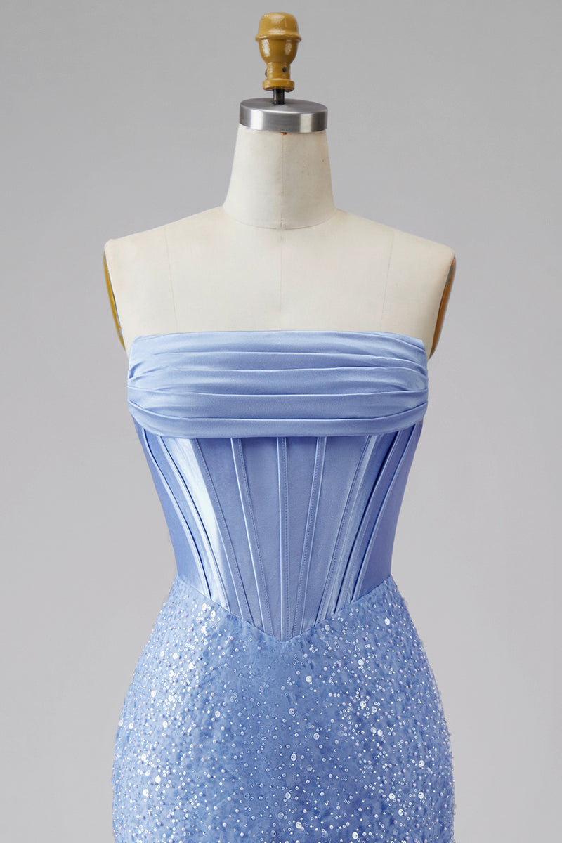 Load image into Gallery viewer, Corset Mermaid Blue Basque Waist Strapless Long Prom Dress with Pearls
