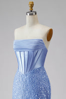 Load image into Gallery viewer, Corset Mermaid Blue Basque Waist Strapless Long Prom Dress with Pearls