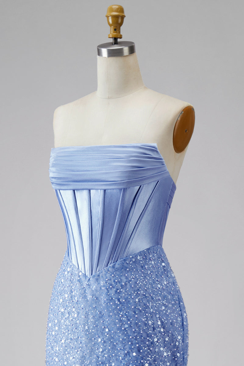 Load image into Gallery viewer, Corset Mermaid Blue Basque Waist Strapless Long Prom Dress with Pearls