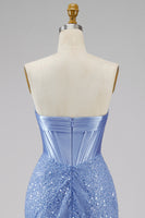 Load image into Gallery viewer, Corset Mermaid Blue Basque Waist Strapless Long Prom Dress with Pearls