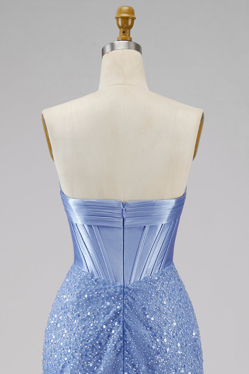 Load image into Gallery viewer, Corset Mermaid Blue Basque Waist Strapless Long Prom Dress with Pearls