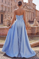 Load image into Gallery viewer, Ruched Strapless Mermaid Pearls Blue Long Prom Dress with Cape