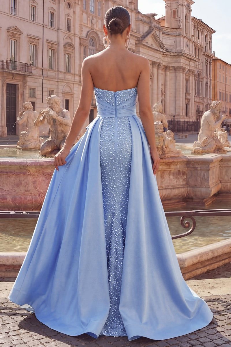 Load image into Gallery viewer, Ruched Strapless Mermaid Pearls Blue Long Prom Dress with Cape