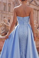 Load image into Gallery viewer, Ruched Strapless Mermaid Pearls Blue Long Prom Dress with Cape