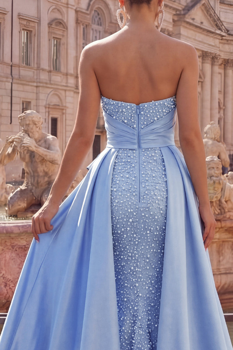 Load image into Gallery viewer, Ruched Strapless Mermaid Pearls Blue Long Prom Dress with Cape