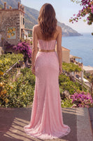 Load image into Gallery viewer, Corset Strapless Sparkly 2 Piece Pink Beaded Long Prom Dress with Pearls
