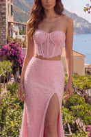 Load image into Gallery viewer, Corset Strapless Sparkly 2 Piece Pink Beaded Long Prom Dress with Pearls