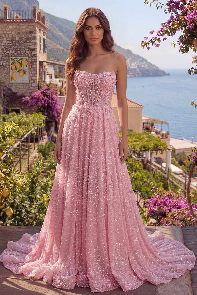 Load image into Gallery viewer, Sparkly Pink A Line Beaded Corset Floral Strapless Long Prom Dress