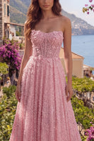 Load image into Gallery viewer, Sparkly Pink A Line Beaded Corset Floral Strapless Long Prom Dress