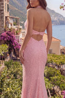 Load image into Gallery viewer, Sparkly Halter Backless Mermaid Pink Long Beaded Prom Dress with Slit