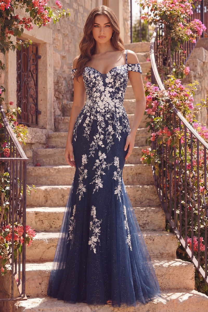 Load image into Gallery viewer, Mermaid Floral Cold Shoulder Navy Glitter Long Prom Dress