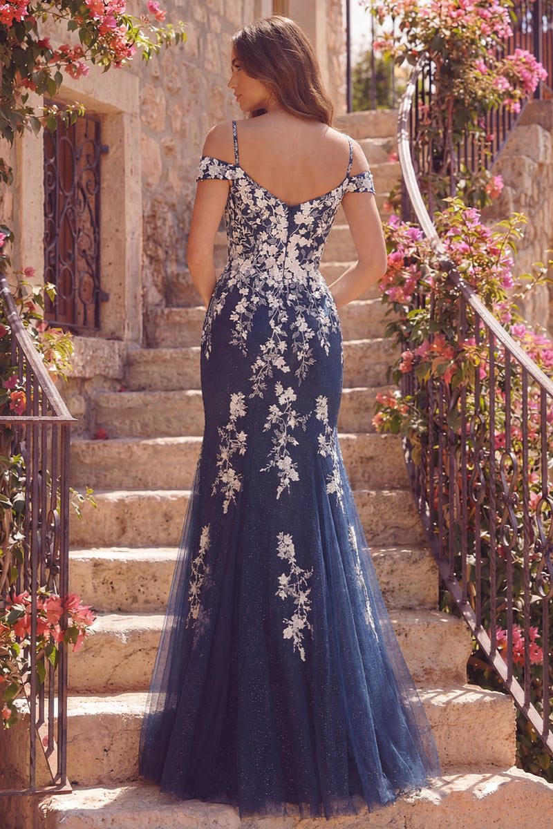 Load image into Gallery viewer, Mermaid Floral Cold Shoulder Navy Glitter Long Prom Dress