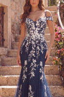 Load image into Gallery viewer, Mermaid Floral Cold Shoulder Navy Glitter Long Prom Dress