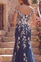 Load image into Gallery viewer, Mermaid Floral Cold Shoulder Navy Glitter Long Prom Dress