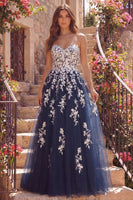 Load image into Gallery viewer, Sparkly A Line Strapless Floral Navy Long Prom Dress