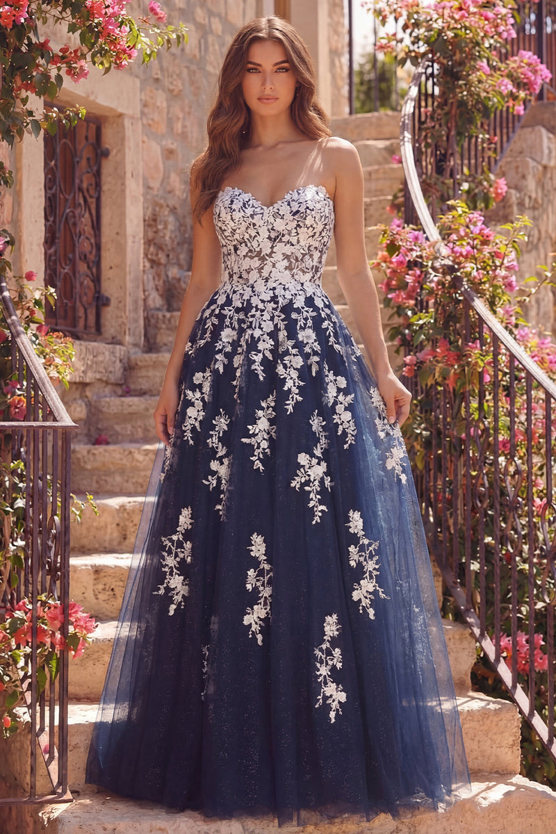 Load image into Gallery viewer, Sparkly A Line Strapless Floral Navy Long Prom Dress