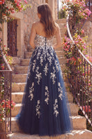 Load image into Gallery viewer, Sparkly A Line Strapless Floral Navy Long Prom Dress