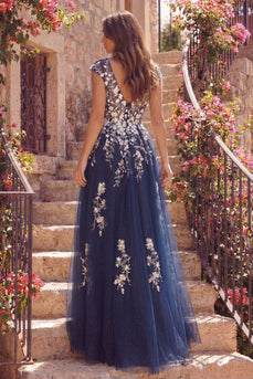 V-Neck Glitter Floral A Line Navy Long Prom Dress with Slit