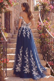 Floral Off the Shoulder A Line Sparkly Navy Long Prom Dress